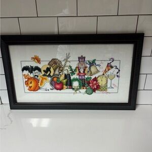 Happy Everything Cross Stitch, Framed Art Halloween Thanksgiving Xmas New Years